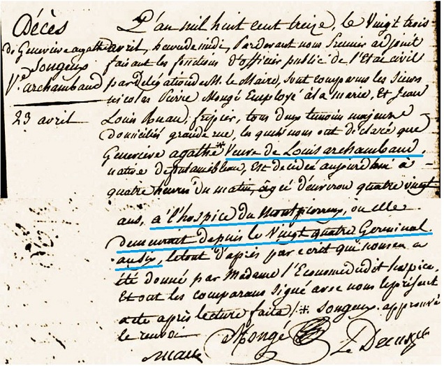 Acte de d�c�s de la grand-m�re Archambault